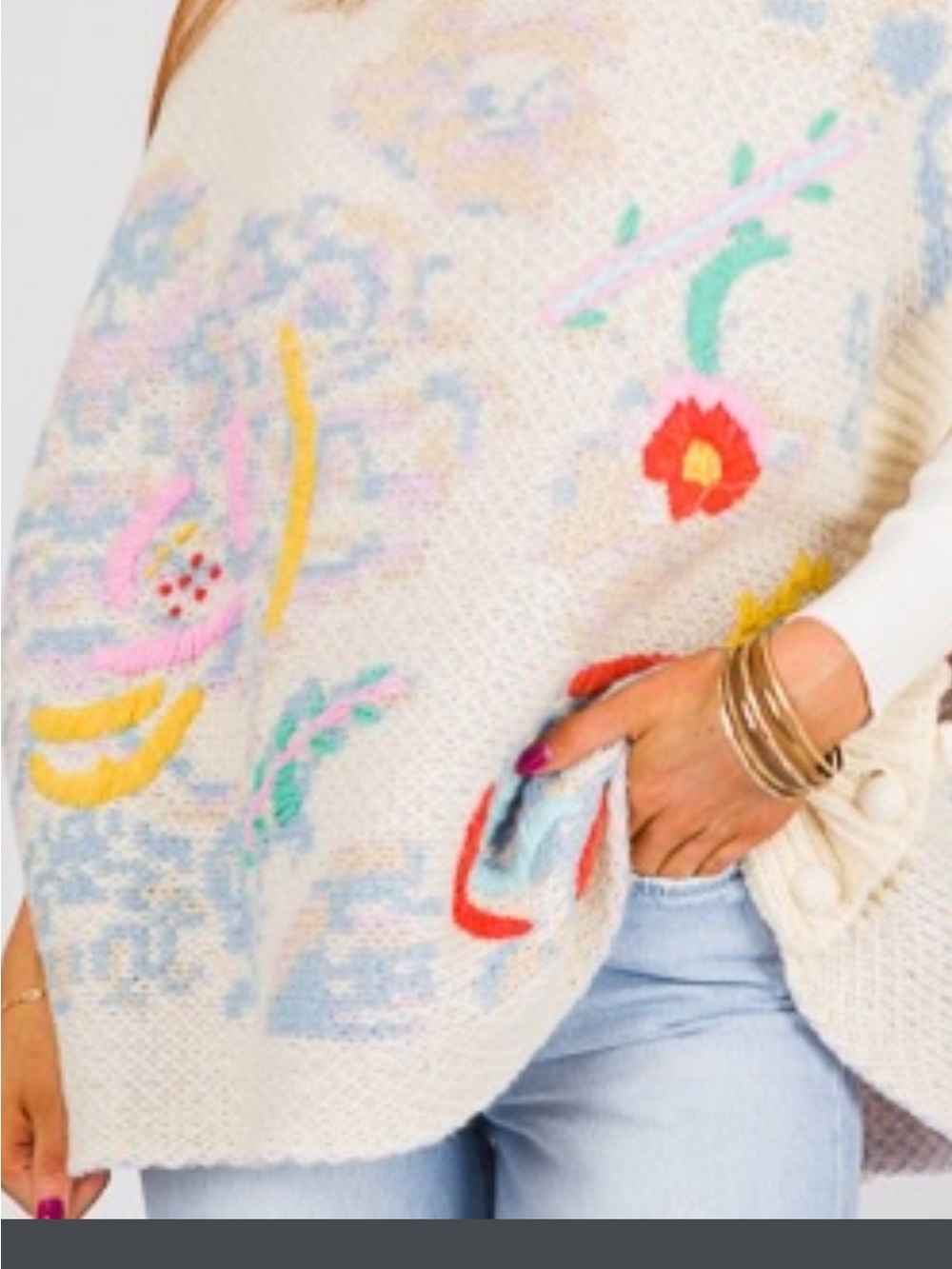 Gorgeous Cream Floral Embroidered Knit Poncho Shrug